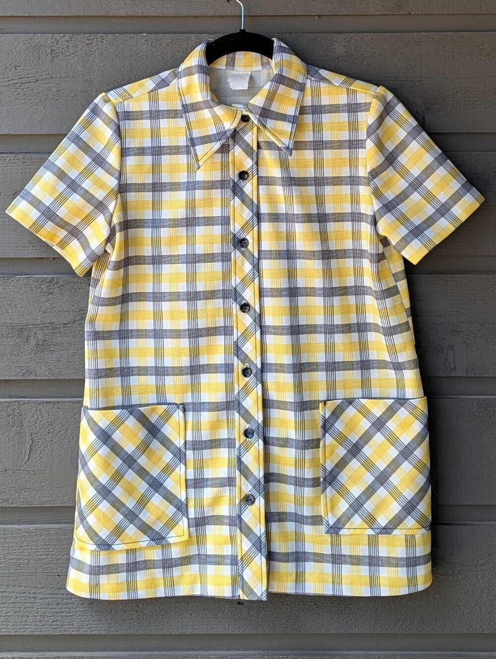 VTG 70s Bumblebee Plaid Short Sleeve Button Front Shacket Shirt